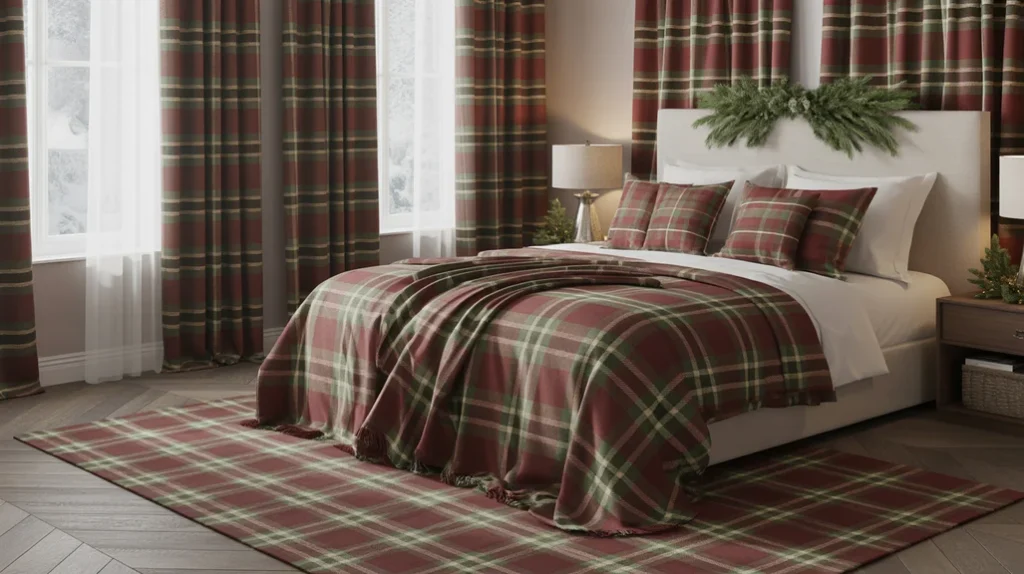 Christmas bedroom with matching plaid blankets, rugs, and curtains for cohesive festive styling.