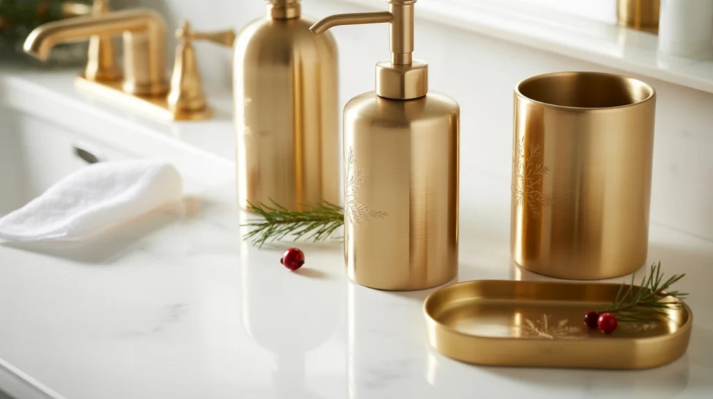 brushed gold bathroom accessories adding warm festive tones to a contemporary space