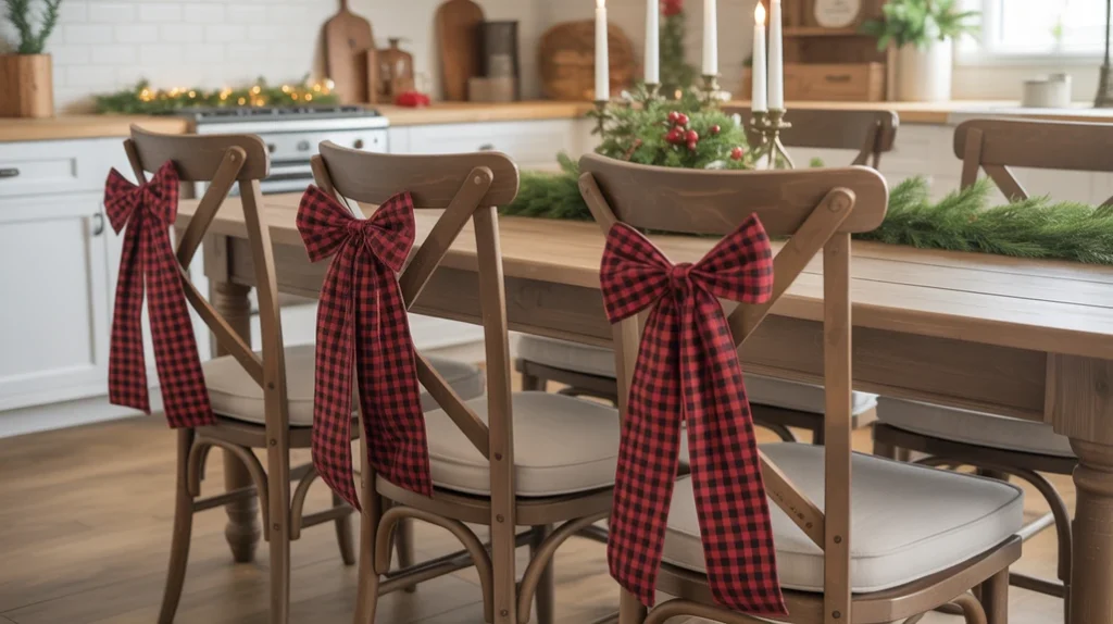 Dining chairs decorated with buffalo plaid bows for a simple farmhouse Christmas touch