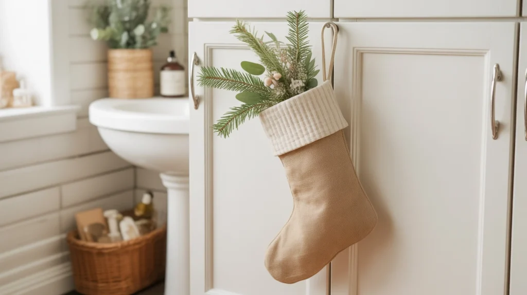burlap or linen stocking hanging in bathroom adding soft rustic holiday texture