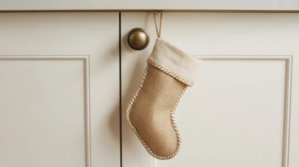 burlap christmas stocking hanging on cabinet for soft rustic farmhouse texture