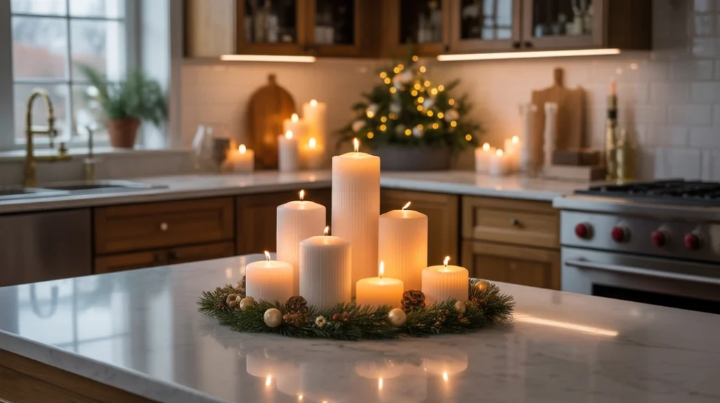 Group of candles in glass and metal holders creating cozy Christmas glow on kitchen island surface