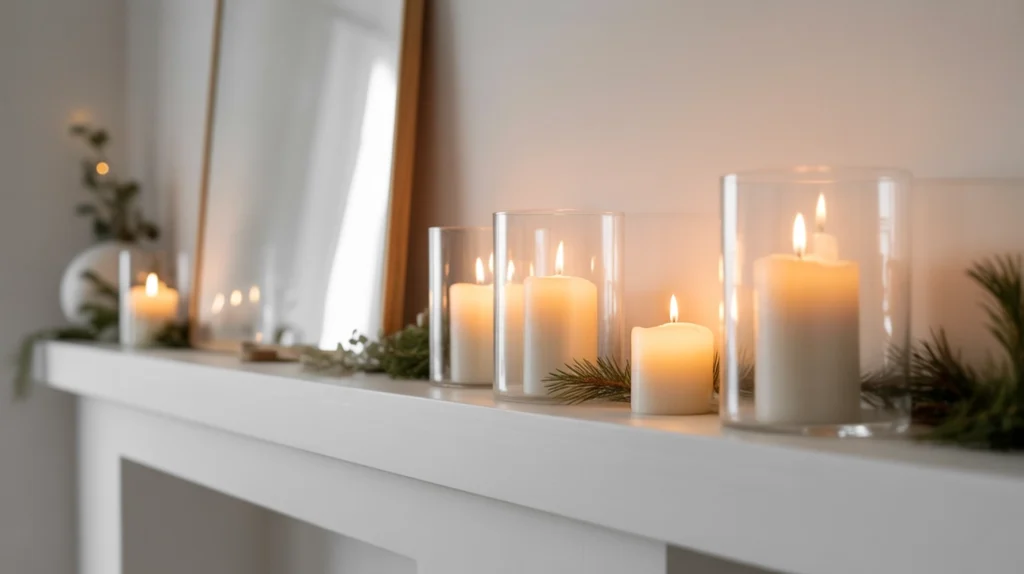 White candles and soft glow creating peaceful atmosphere in minimalist Christmas bedroom