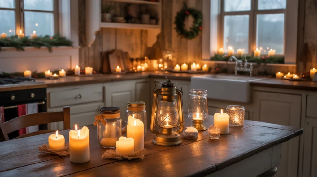 candles and lanterns adding a romantic and warm glow to cozy christmas kitchen decor
