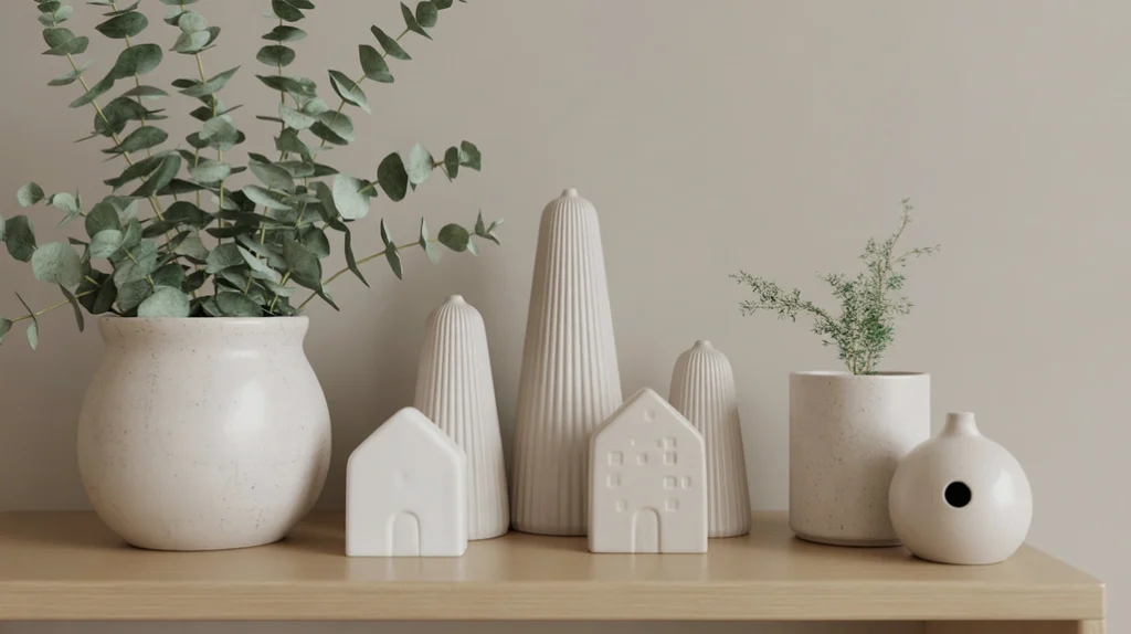 “Ceramic and clay holiday accents styled in a Scandinavian Christmas entryway”