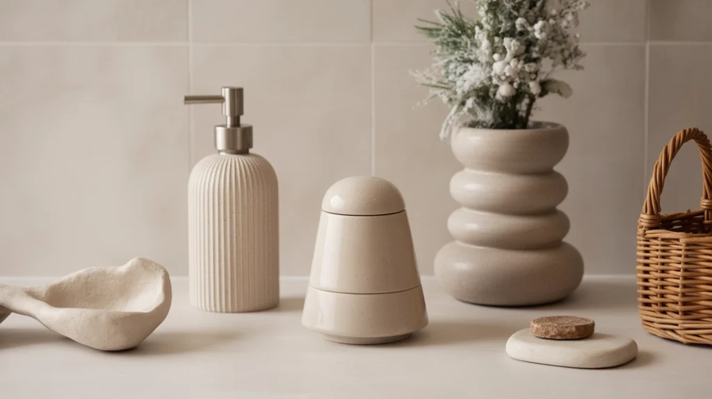 Ceramic and stone accessories creating a minimal Scandinavian Christmas bathroom look.