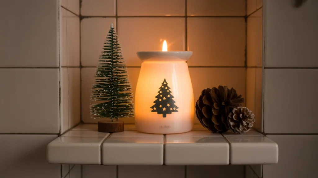Small Christmas candle or wax warmer adding seasonal fragrance to a tiny bathroom.