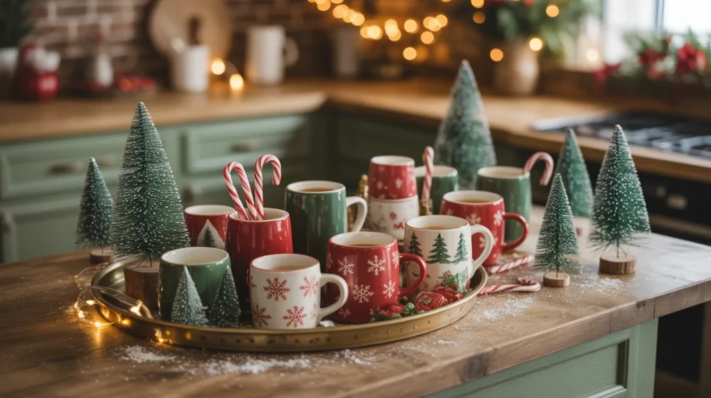 Christmas ribbons tied on kitchen jars and cabinet handles for a simple festive touch
