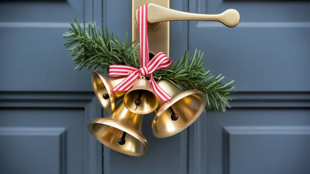 “Decorative brass Christmas bells hung on a door handle with ribbon”