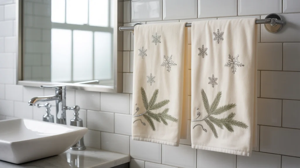 Christmas hand towels with subtle festive patterns adding holiday color to the bathroom
