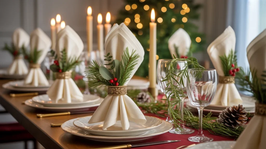 Holiday napkin rings with linen napkins and simple Christmas greenery details