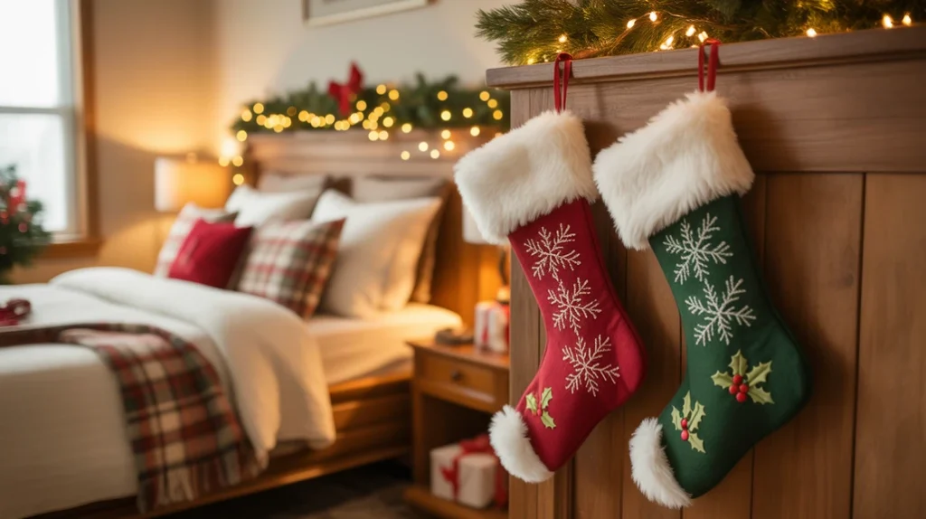 Red and green Christmas stockings hanging from bedpost in holiday bedroom