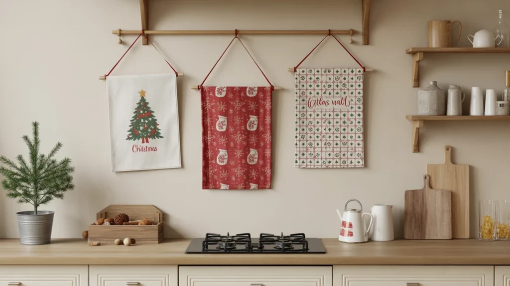 Framed Christmas tea towels featuring festive patterns as creative kitchen wall art.