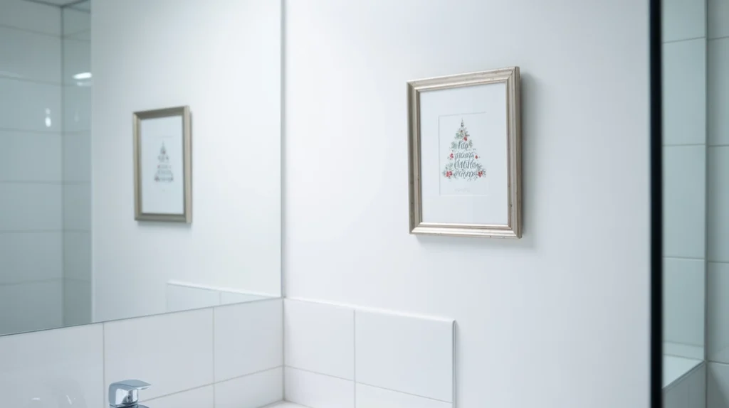 “small framed christmas wall art hanging above a bathroom towel rack”