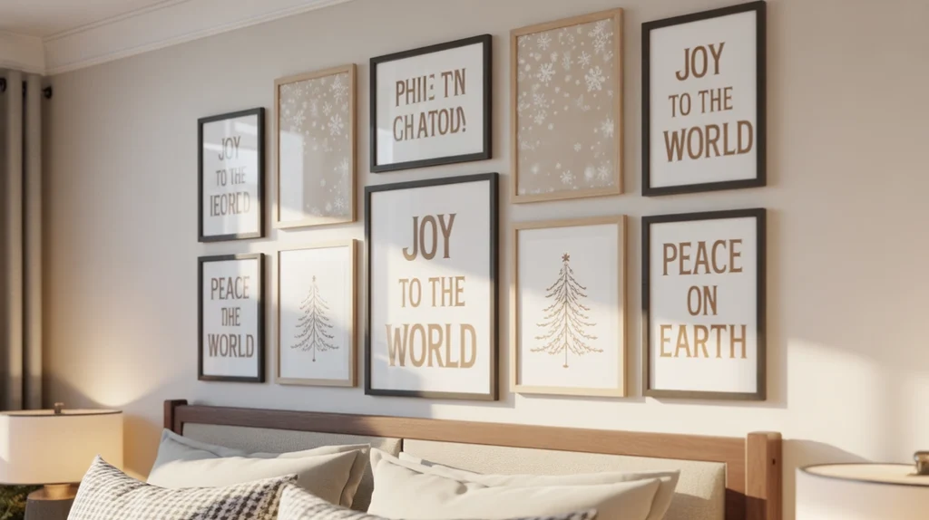 Framed Christmas quotes and wall prints adding minimalist festive charm to cozy bedroom decor.