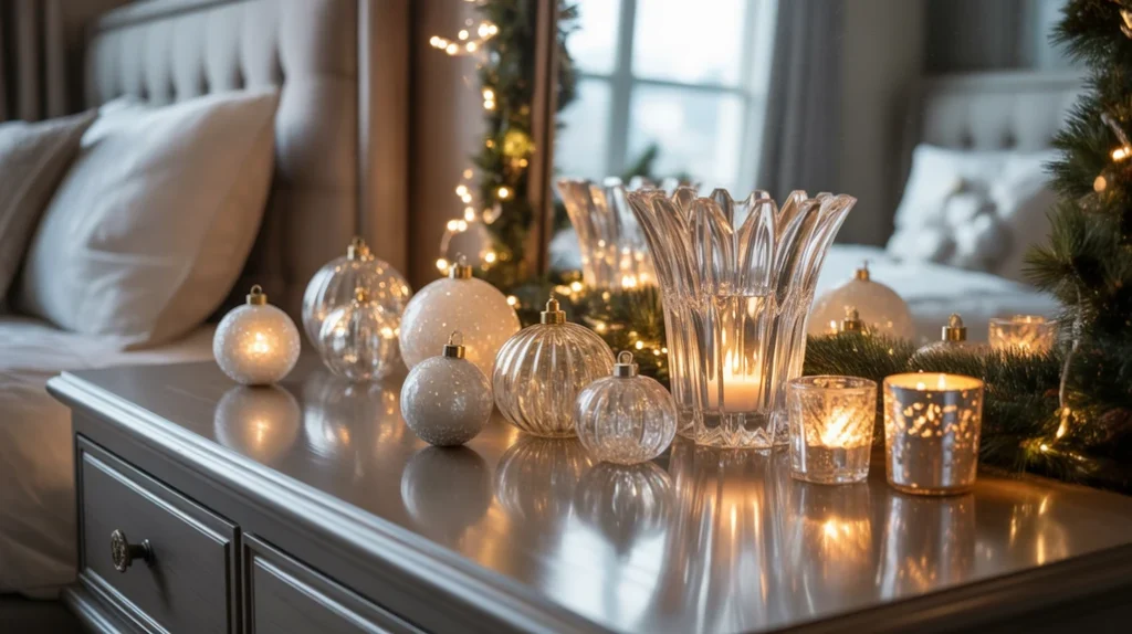 crystal and glass ornaments arranged on dresser for reflective modern Christmas bedroom elegance