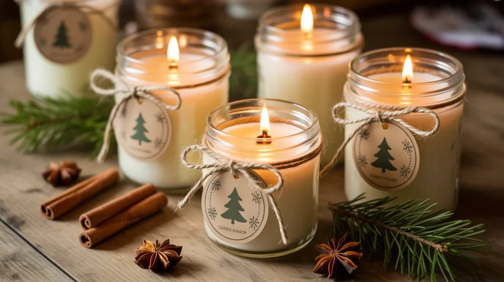 DIY Christmas candle jars with cinnamon and vanilla scent decorated with twine for handmade festive touch.