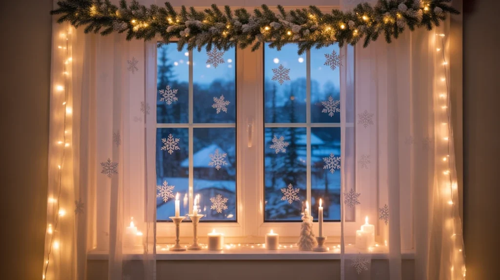 Christmas window with candles, garlands, and snowflake decals