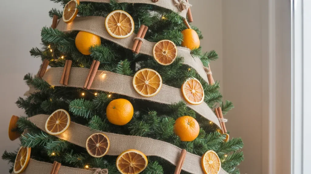 Farmhouse Christmas Tree Decorating Ideas using dried orange slices and cinnamon sticks for a natural festive scent.
