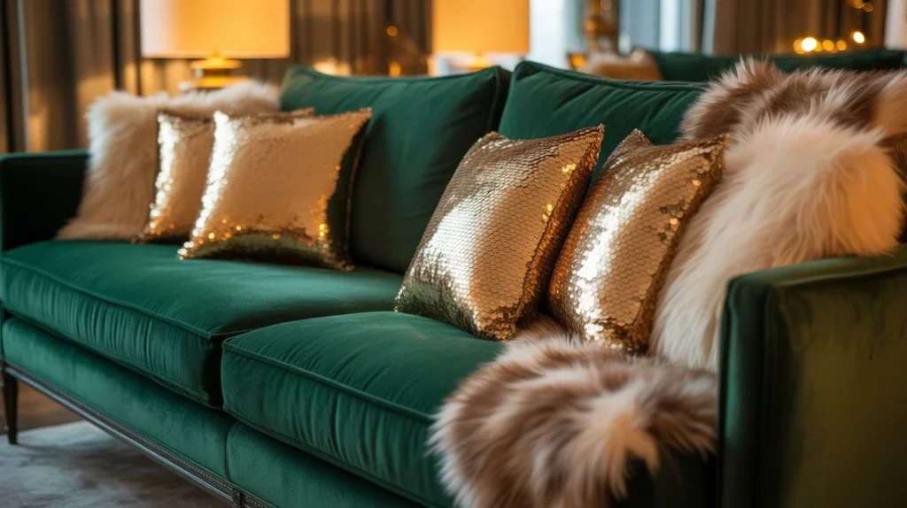 Sofa styled with emerald velvet and gold sequin pillows, creating a luxurious Christmas seating area.
