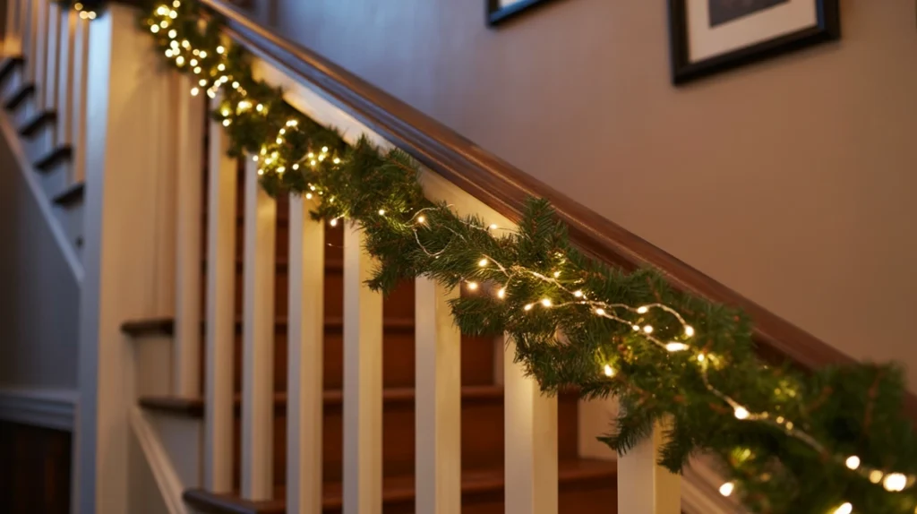 “Fairy lights glowing through staircase garland for magical Christmas lighting”
