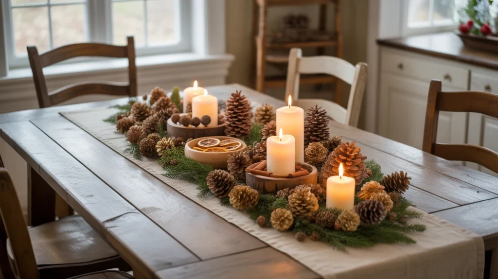 farmhouse christmas centerpiece made with natural pinecones, candles, and rustic wood tray
