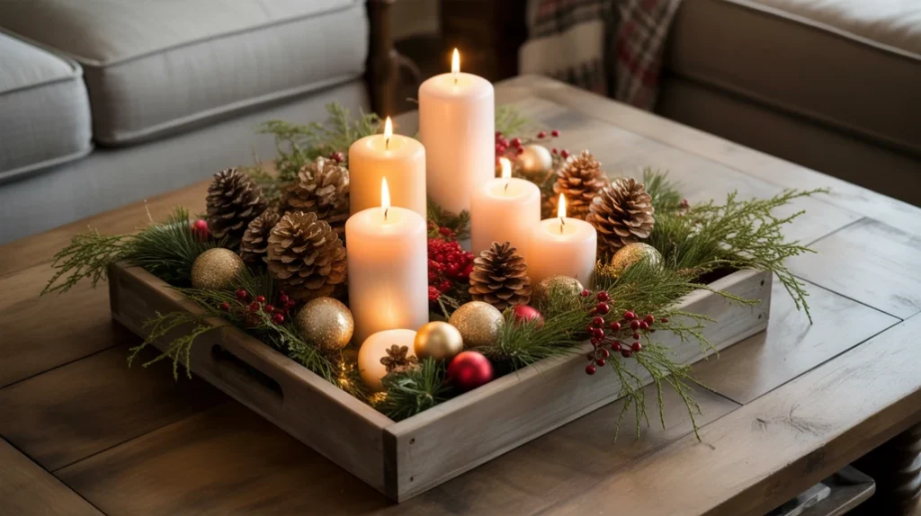 Farmhouse coffee table centerpiece with candles, pinecones, and greenery for a rustic Christmas vibe.