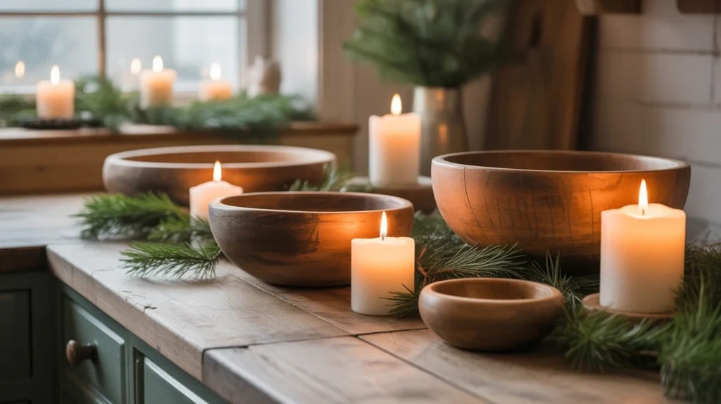 farmhouse kitchen counter decorated with pine branches, candles, and rustic charm