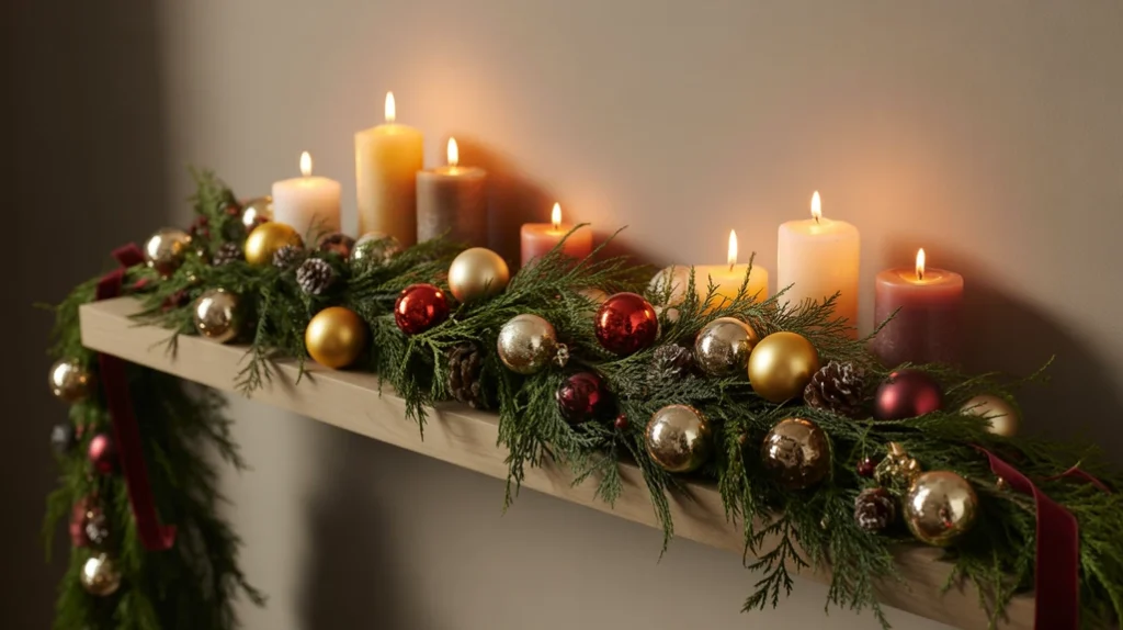 Garland layered on floating shelf with candles and ornaments for cozy Christmas detail