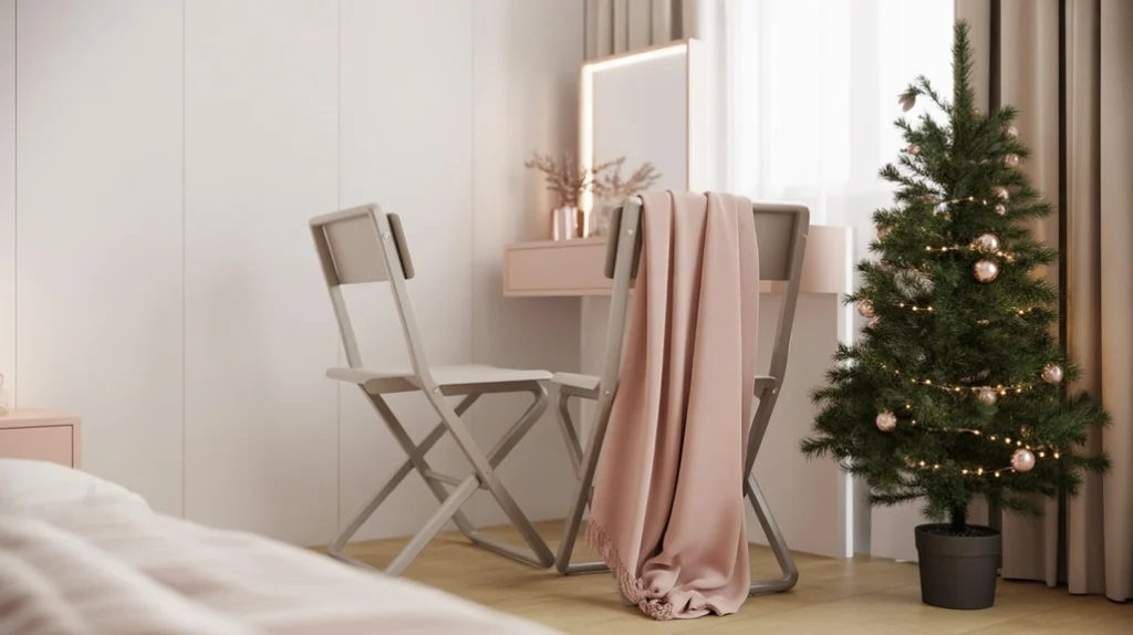Foldable vanity with pink throw and compact furniture in Christmas bedroom decor
