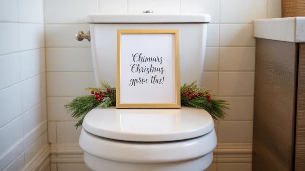 small framed christmas print on toilet tank adding simple festive decor