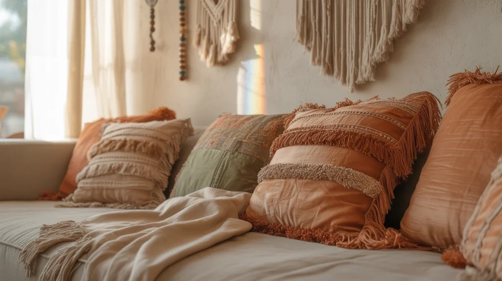 Fringed pillows and tasseled blankets bringing whimsical boho detail to Christmas bedroom styling