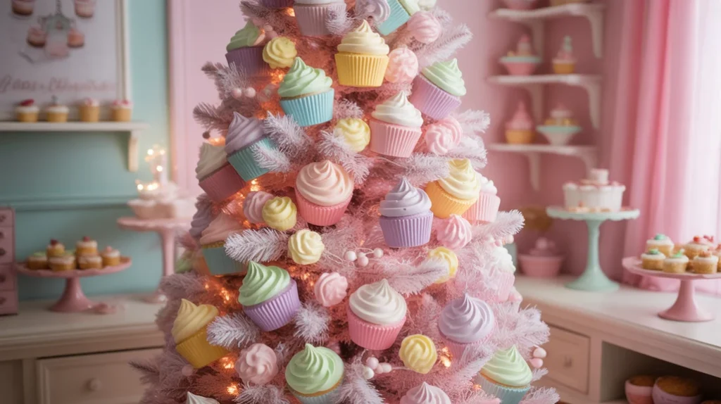 Frosted cupcake-themed Christmas tree with candy-colored ribbons and pastel garlands