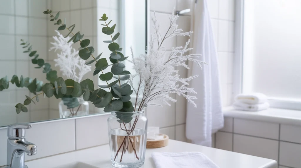 frosted winter greenery in a vase adding snowy texture to the bathroom