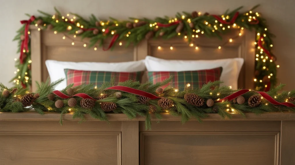 Garland and pinecone lights framing a cozy headboard for timeless Christmas bedroom appeal