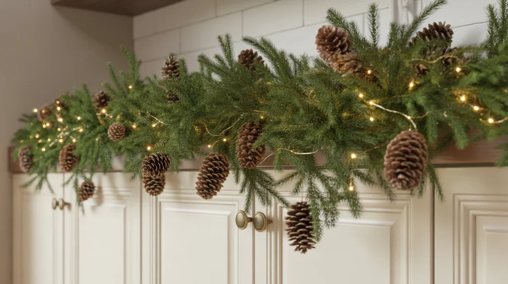 Christmas kitchen cabinet decor ideas using pine garland with pinecones and fairy lights for rustic holiday charm