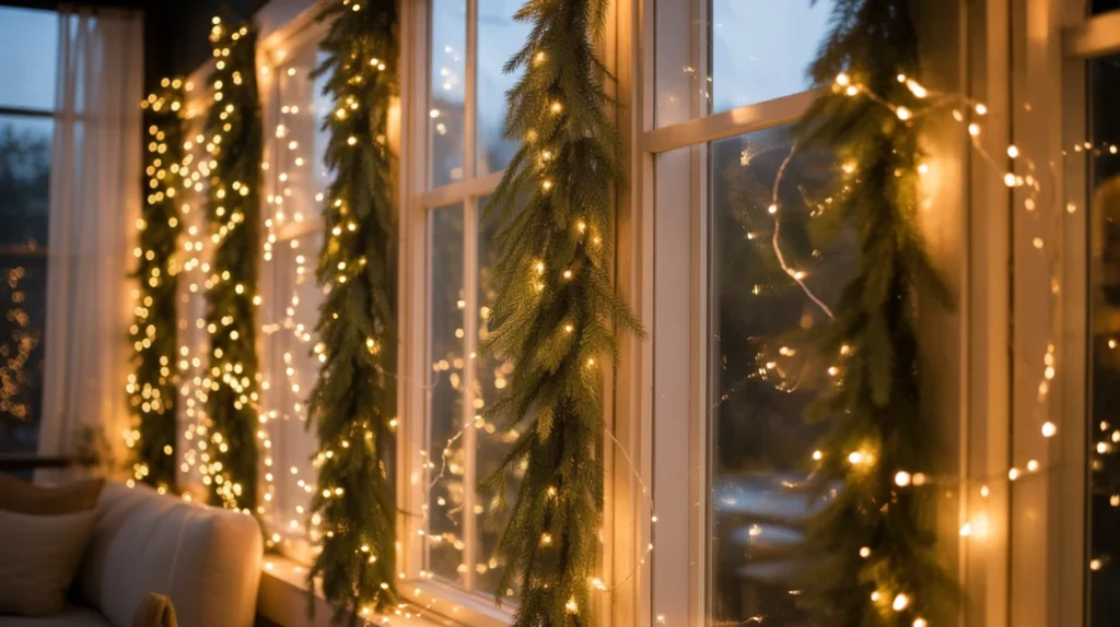 Christmas garlands and twinkle lights around windows creating festive warm glow