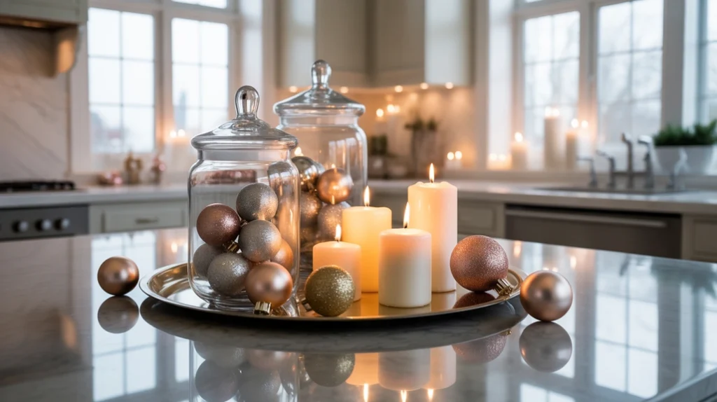 Modern Christmas kitchen centerpiece with candles and ornaments for elegant holiday look