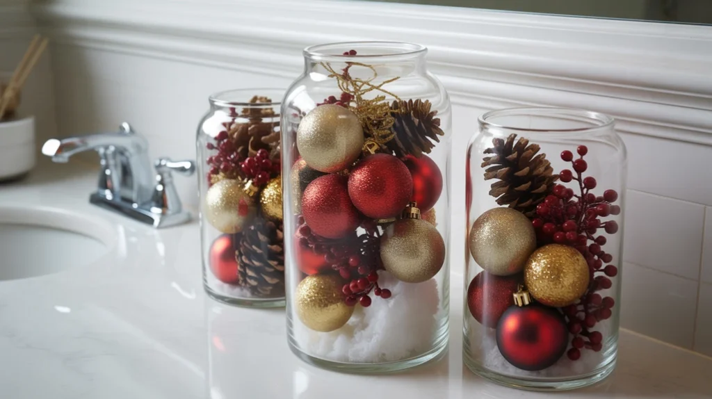 glass jars filled with cranberries, ornaments, and pinecones for classic christmas bathroom styling