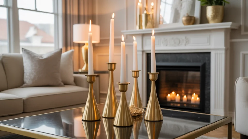 Gold candle holders and candlelight adding romantic warmth to white and gold holiday interiors