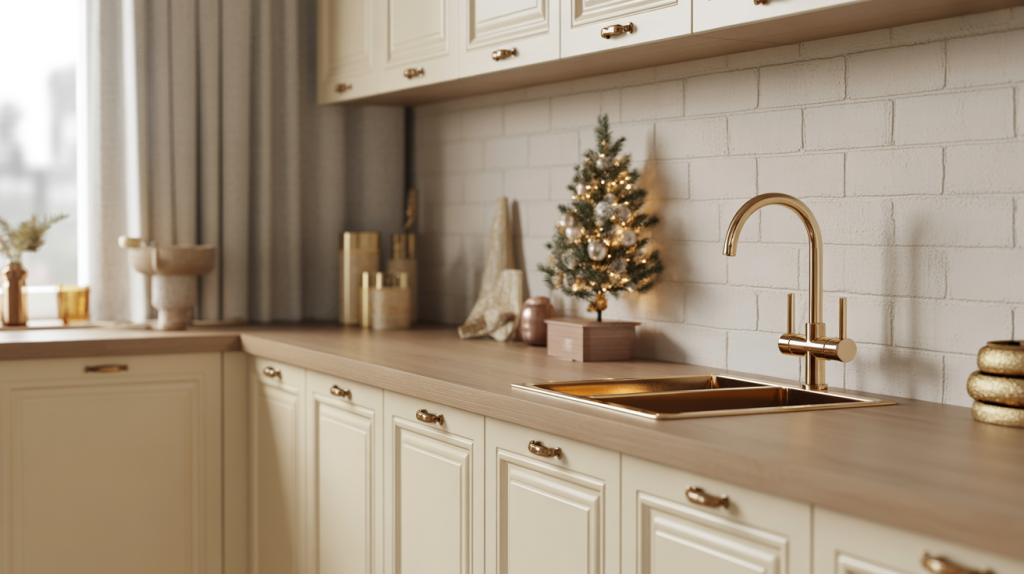 White kitchen cabinets with brushed gold handles and fixtures adding a modern elegant touch for Christmas.