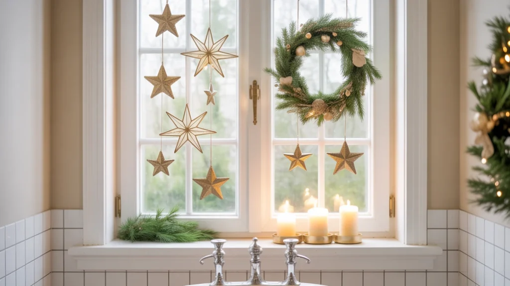 bathroom window decorated with gold christmas stars, wreaths and candle holders