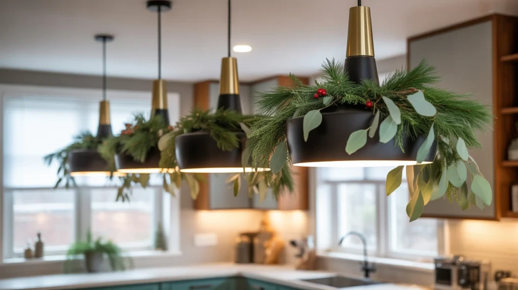 Light kitchen fixtures wrapped with eucalyptus or pine greenery for soft Christmas styling