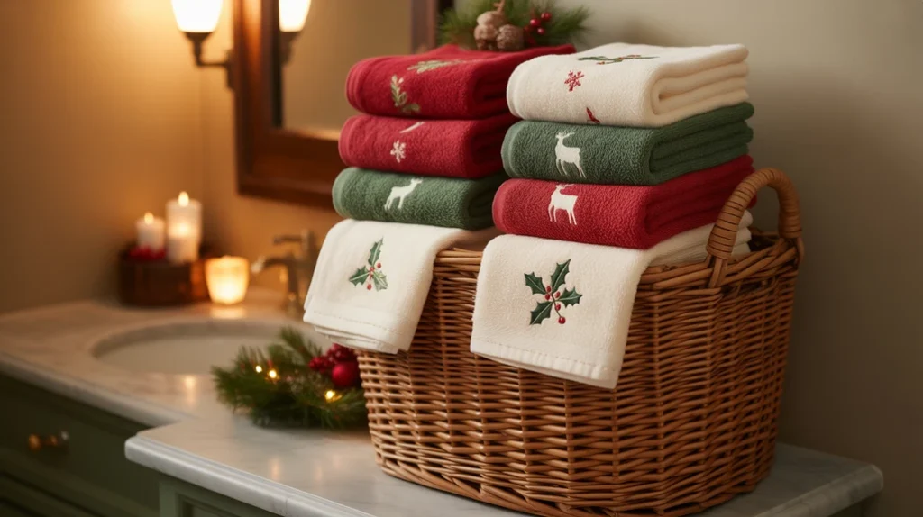 wicker basket filled with christmas guest towels creating a welcoming festive bathroom detail