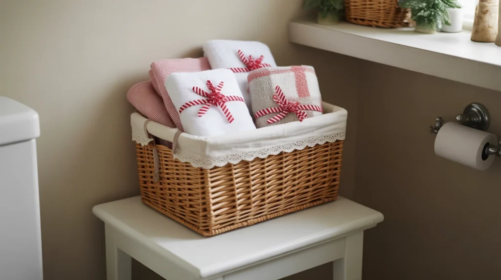 woven basket filled with holiday guest towels styled for a welcoming look