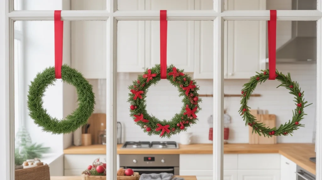 Three small wreaths hanging vertically on a kitchen window with red ribbons, elegant and balanced holiday decor idea.