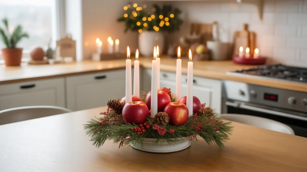 Kitchen table centerpiece made of red apples, pine branches, and candles for natural festive decor.