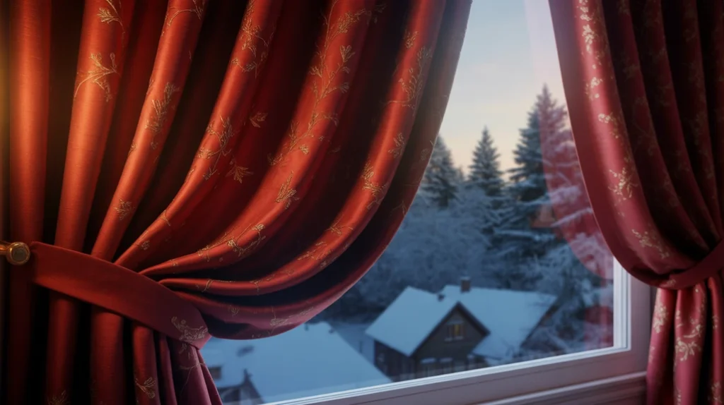 deep red velvet curtains framing a cozy christmas bedroom with elegant holiday style