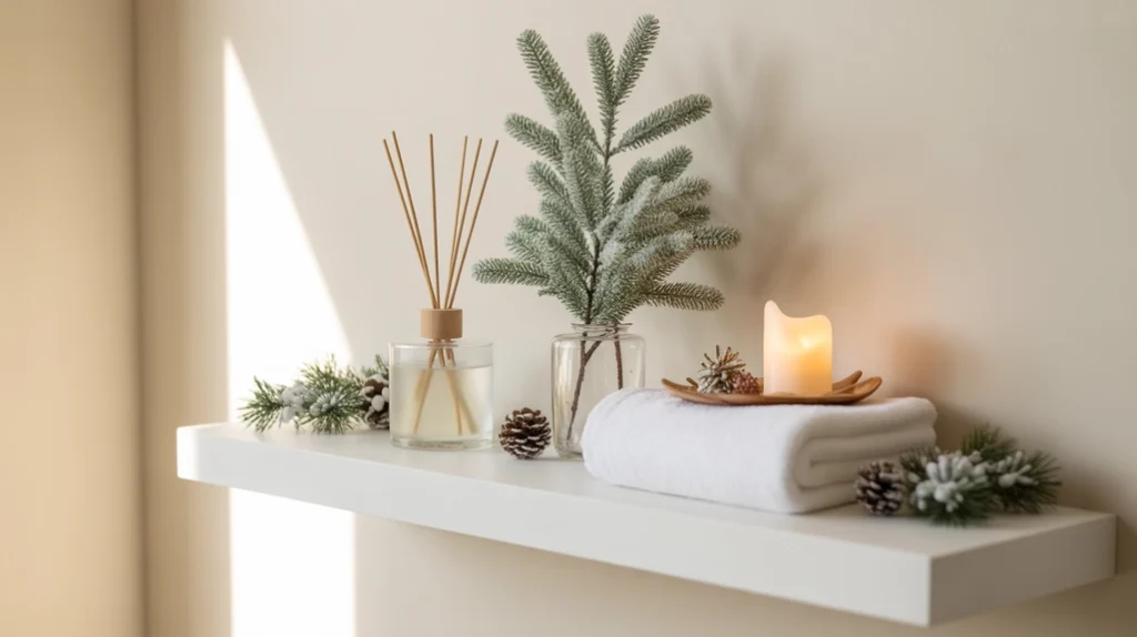 winter scent diffuser placed on bathroom shelf with soft Christmas accents