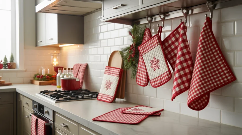 Christmas kitchen towels and linens in red and white festive patterns